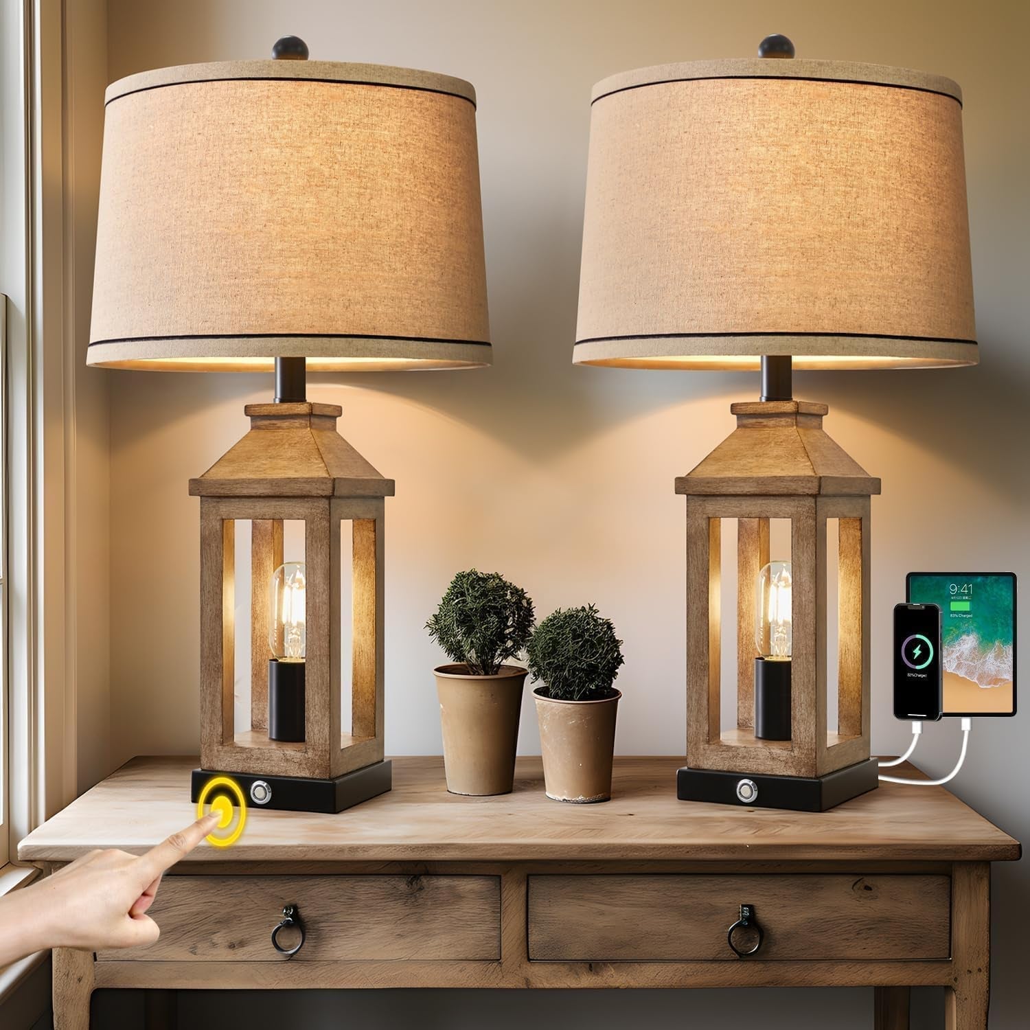 Dimmable Touch Control Farmhouse USB Table Lamp Set