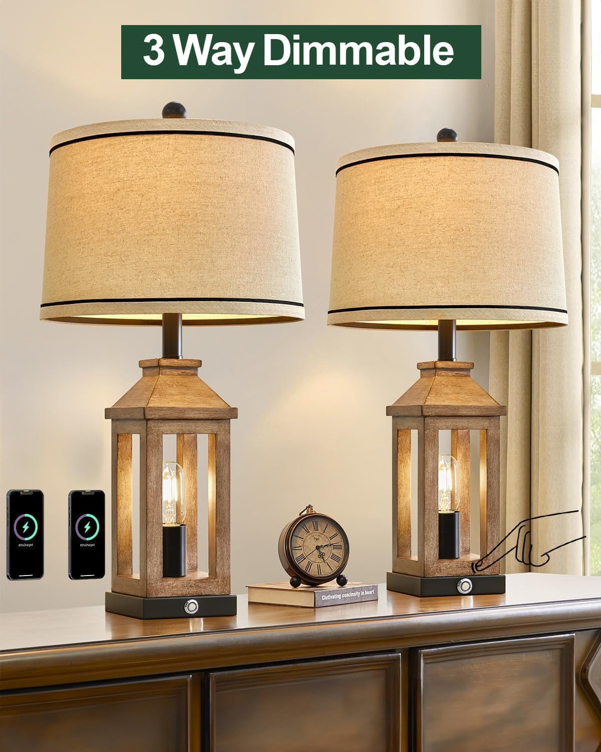 Dimmable Touch Control Farmhouse USB Table Lamp Set