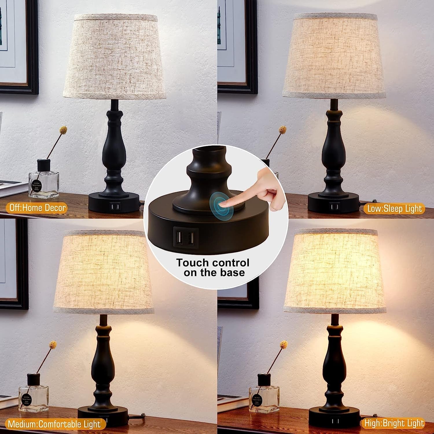 Touch Control Farmhouse Table Lamp Set with USB Charging Ports