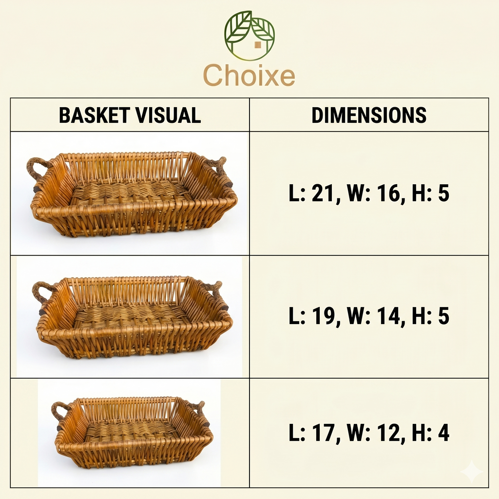 Set of 3 Woven Rattan Storage Baskets with Rope Handles