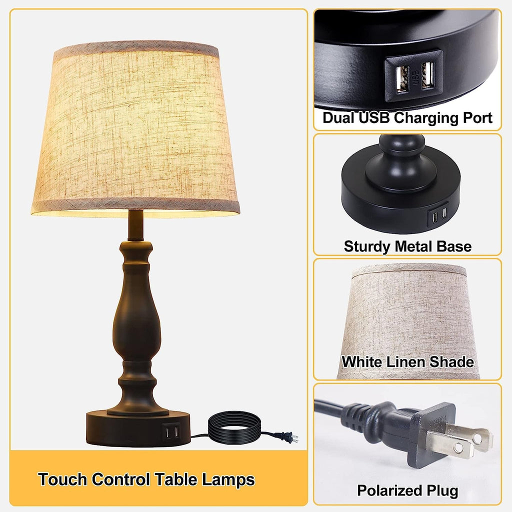 Touch Control Farmhouse Table Lamp Set with USB Charging Ports