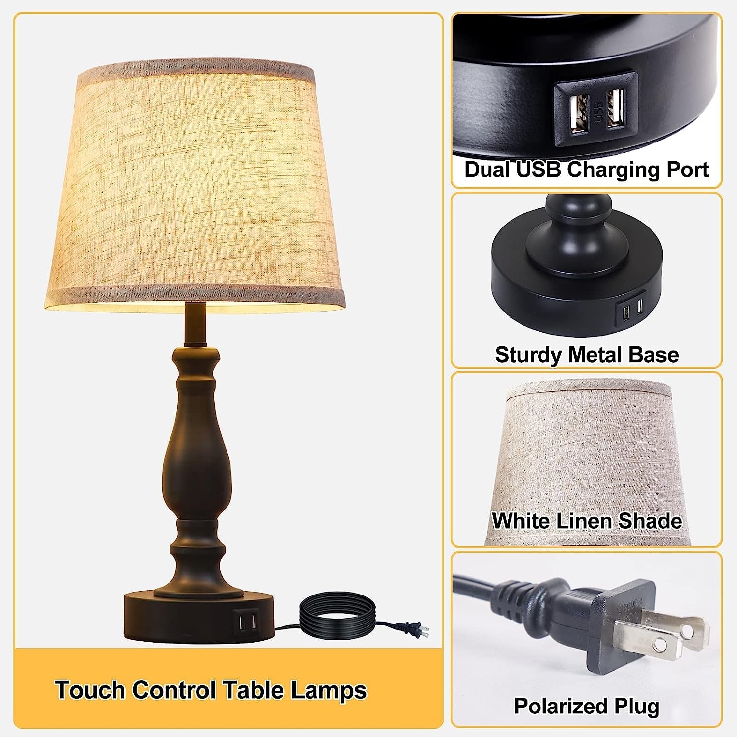 Touch Control Farmhouse Table Lamp Set with USB Charging Ports