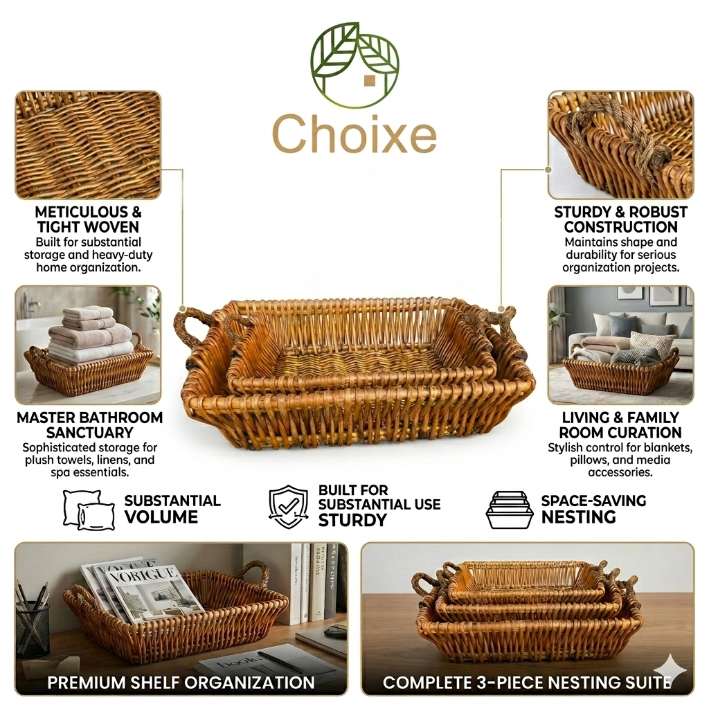 Set of 3 Woven Rattan Storage Baskets with Rope Handles