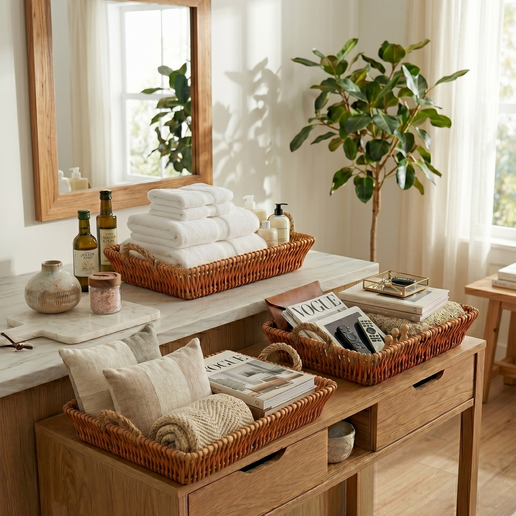 Set of 3 Woven Rattan Storage Baskets with Rope Handles