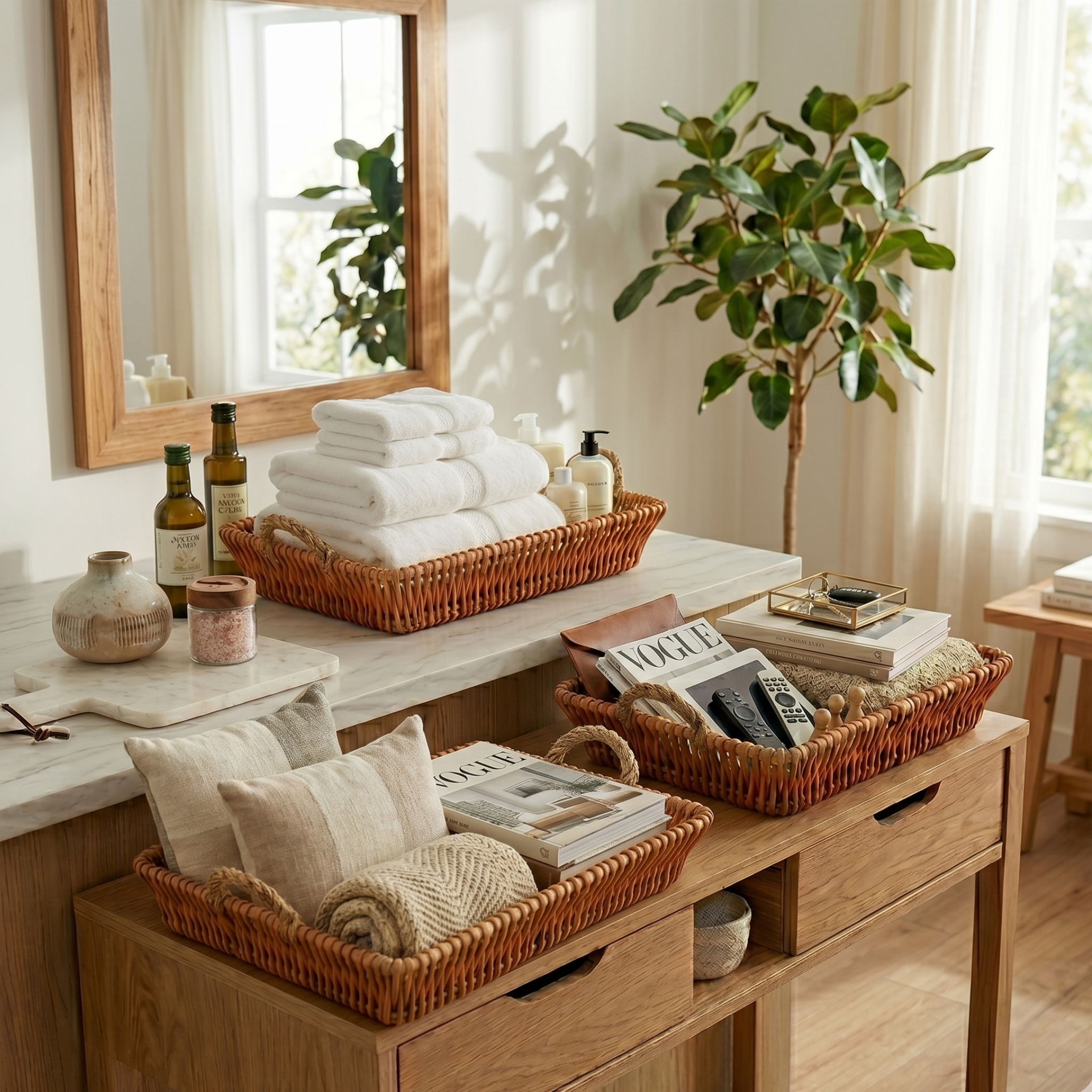 Set of 3 Woven Rattan Storage Baskets with Rope Handles