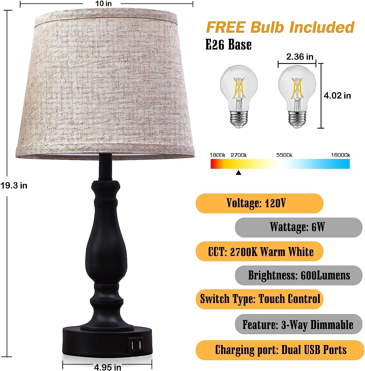 Touch Control Farmhouse Table Lamp Set with USB Charging Ports