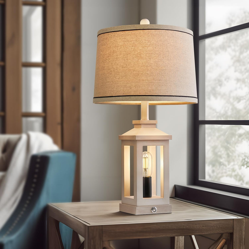 Farmhouse Lantern Table Lamp Set with Linen Shade