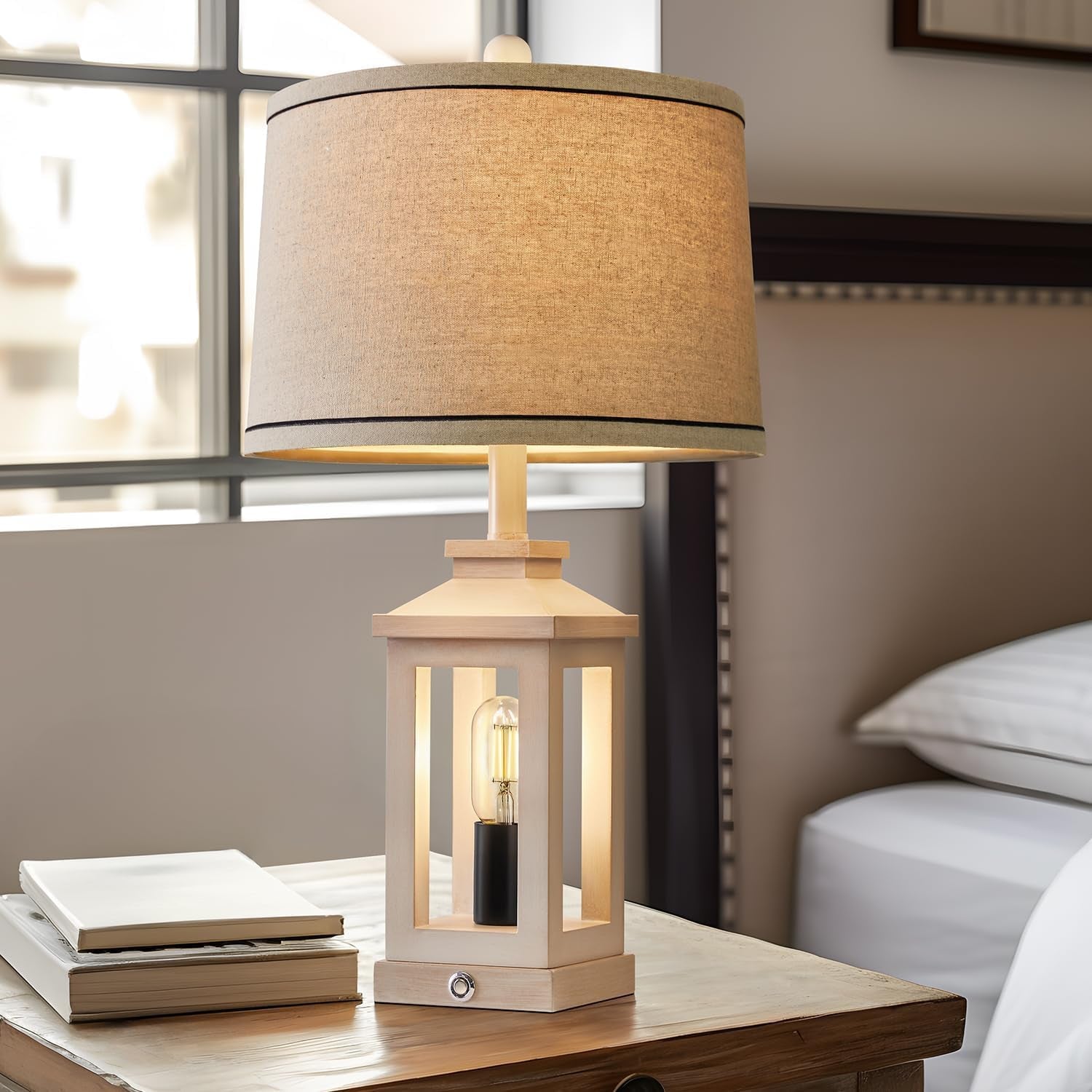 Farmhouse Lantern Table Lamp Set with Linen Shade