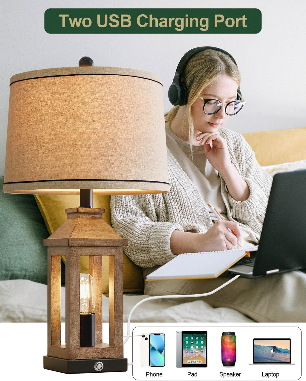 Dimmable Touch Control Farmhouse USB Table Lamp Set