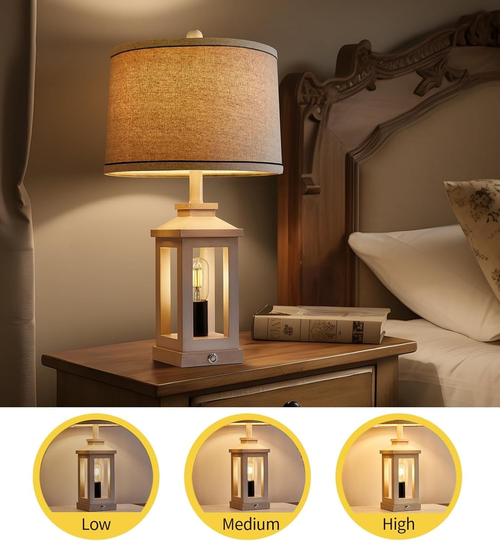 Farmhouse Lantern Table Lamp Set with Linen Shade