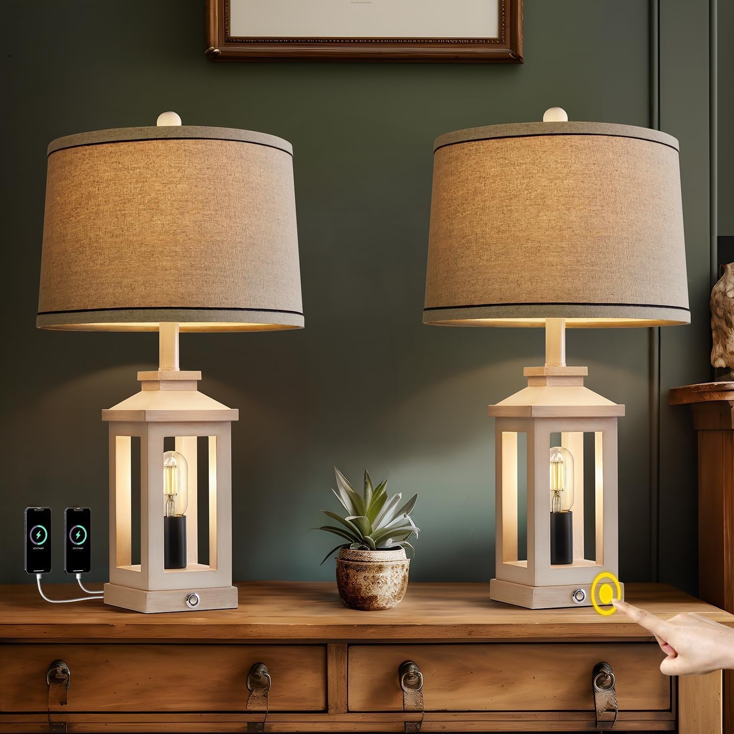 Farmhouse Lantern Table Lamp Set with Linen Shade