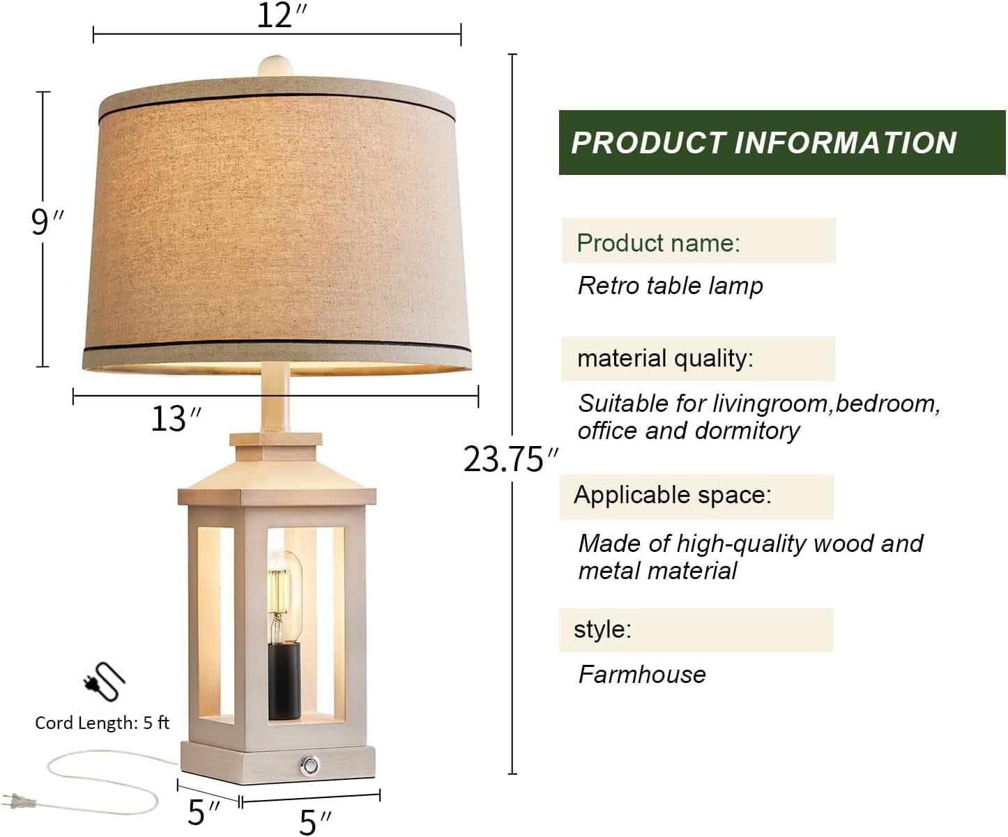 Farmhouse Lantern Table Lamp Set with Linen Shade