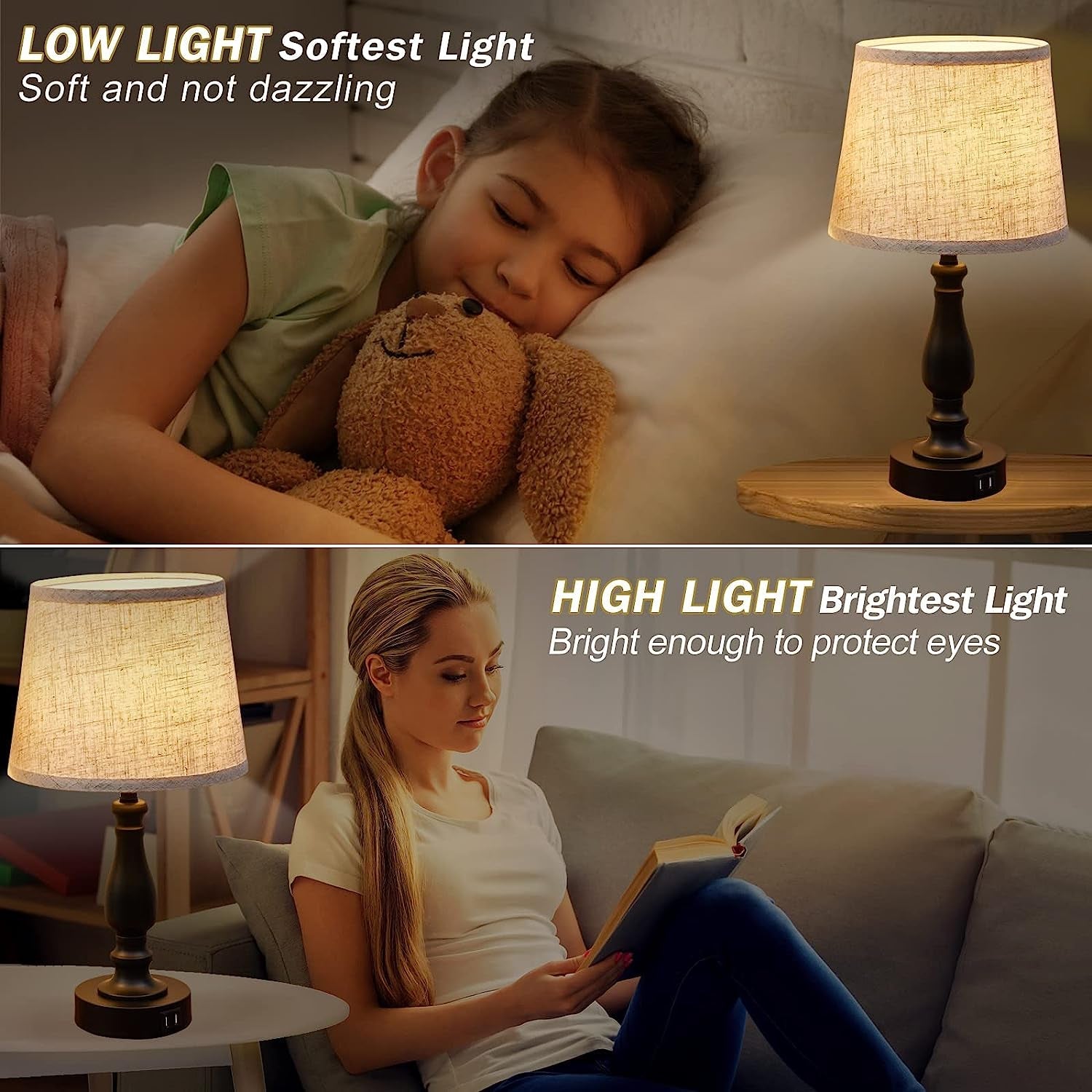 Touch Control Farmhouse Table Lamp Set with USB Charging Ports