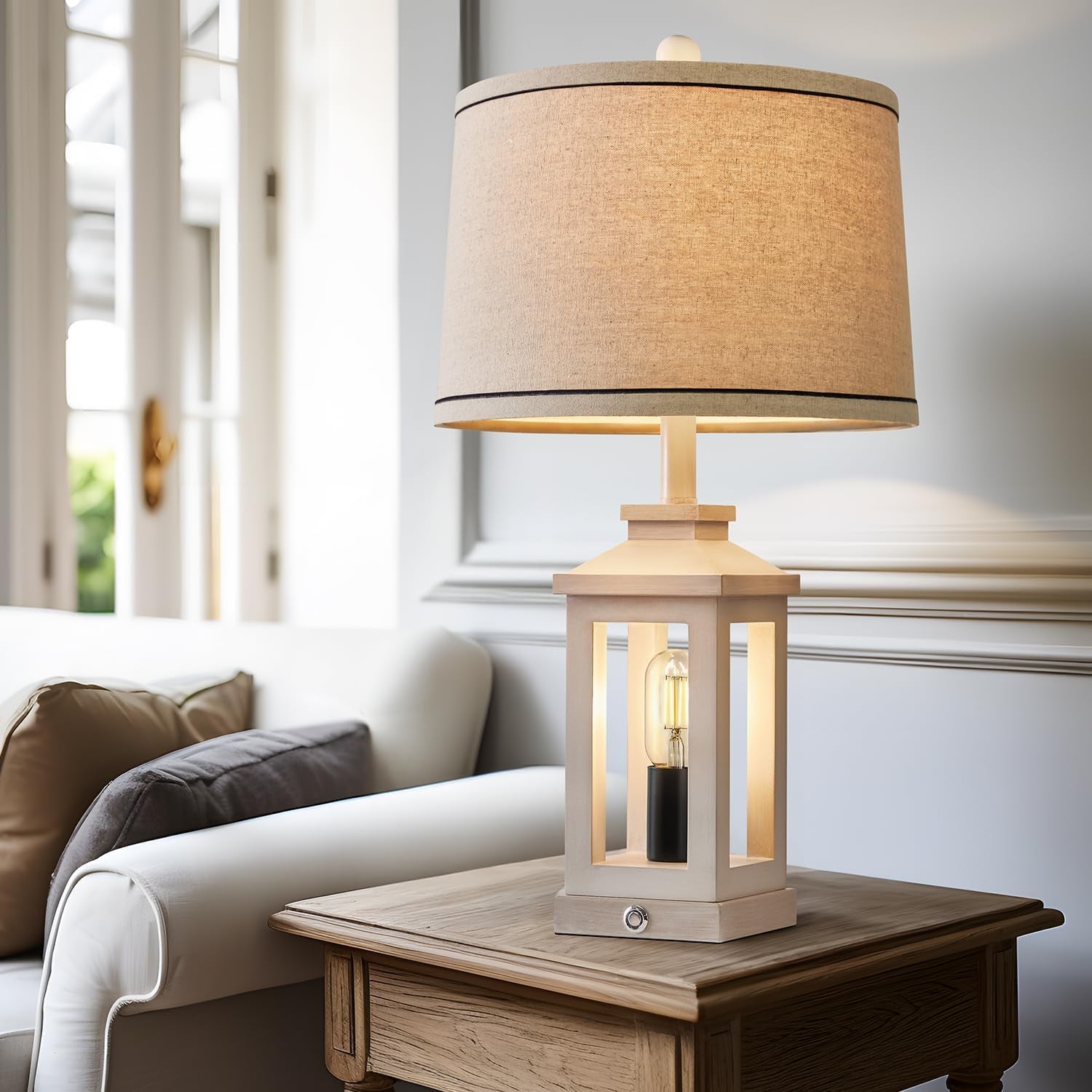 Farmhouse Lantern Table Lamp Set with Linen Shade