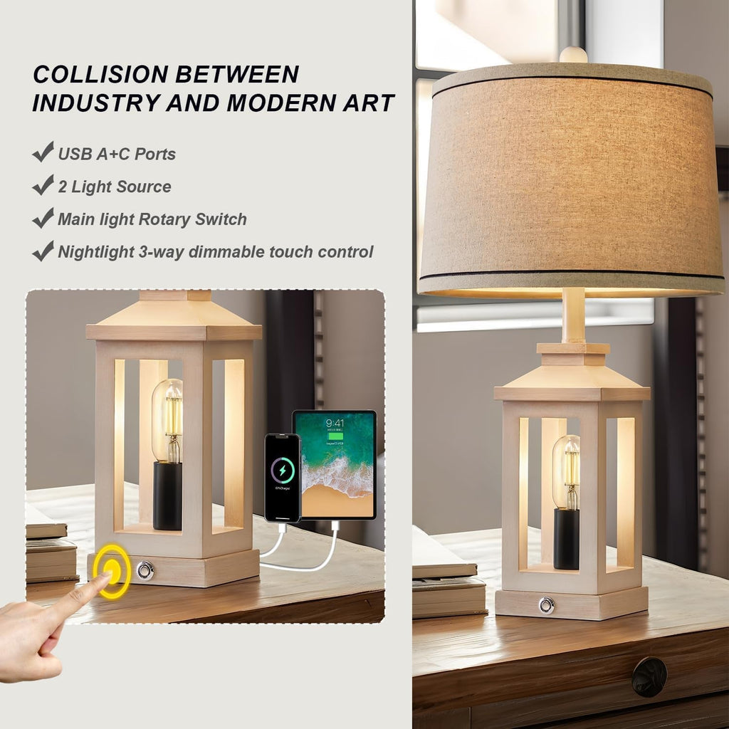 Farmhouse Lantern Table Lamp Set with Linen Shade