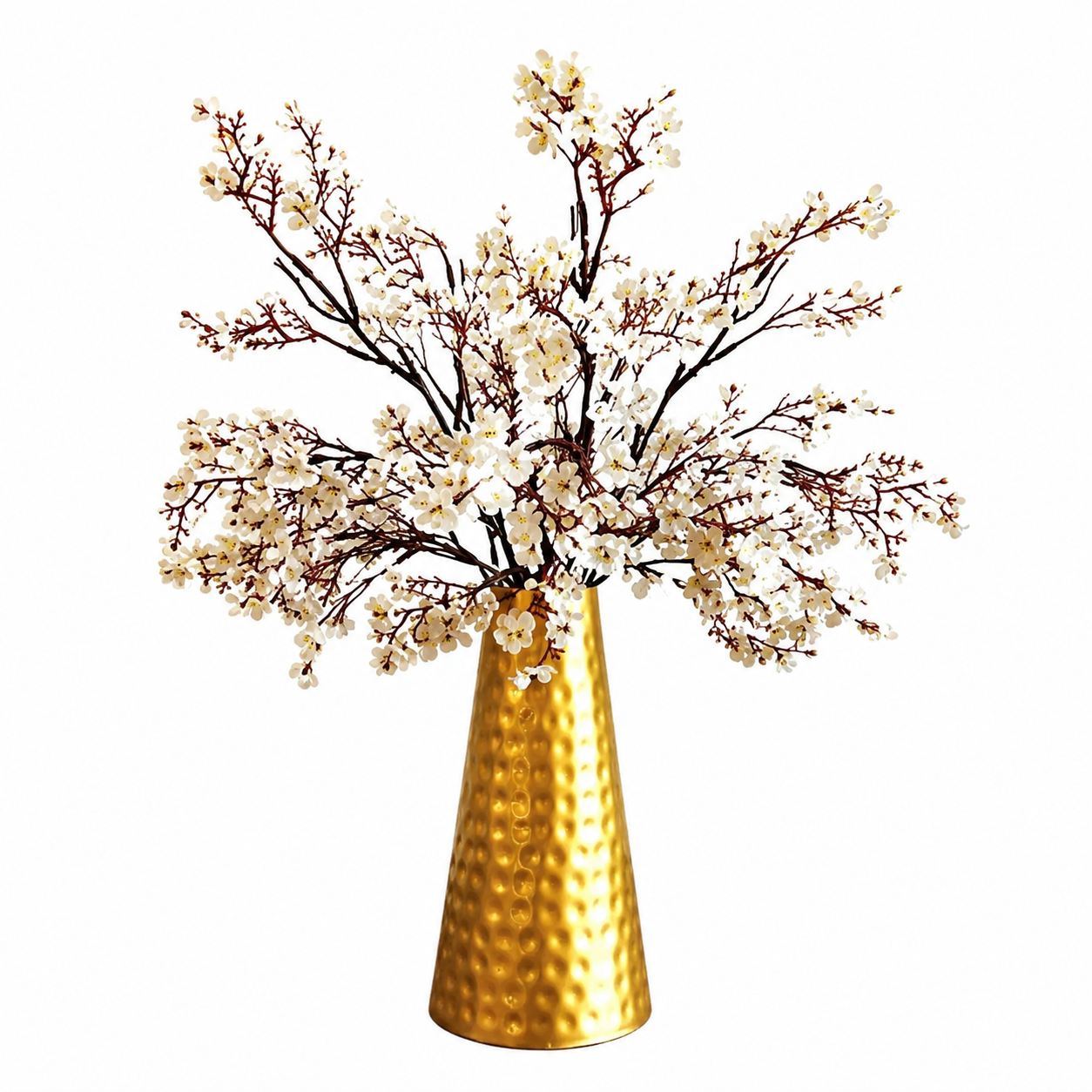 Gold Hammered Vase with White Cherry Blossoms