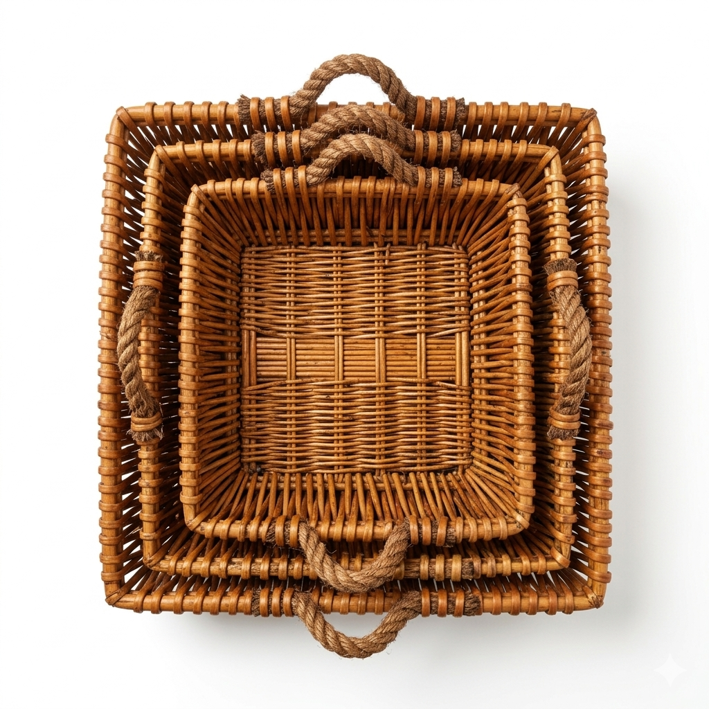 Set of 3 Woven Rattan Storage Baskets with Rope Handles