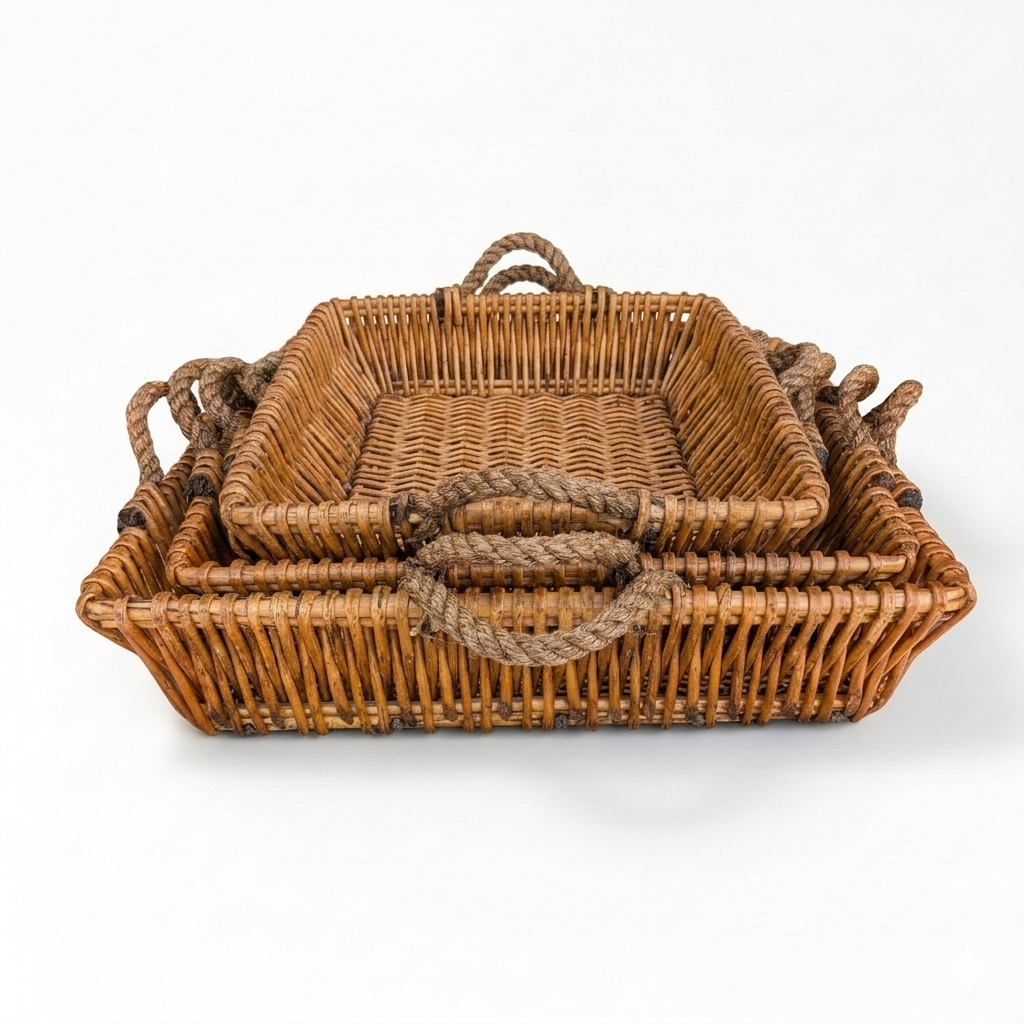 Set of 3 Woven Rattan Storage Baskets with Rope Handles