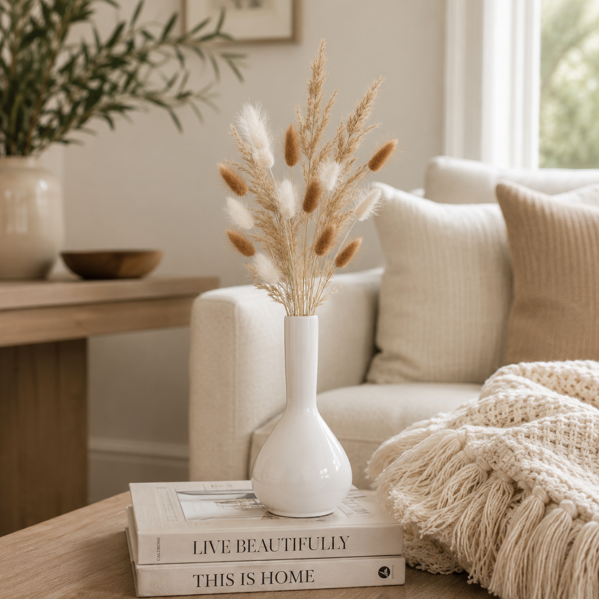 Neutral Pampas Arrangement with White Ceramic Vase