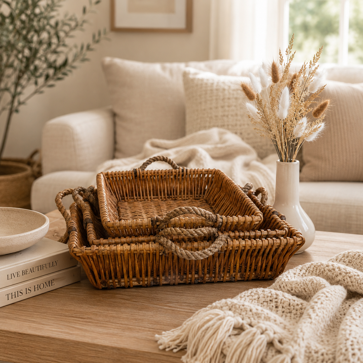 Set of 3 Woven Rattan Storage Baskets with Rope Handles